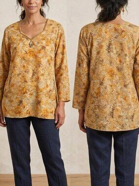 Only You XL Yellow Floral Leaf Print Beaded V-Neck Tunic Top | Pre-Owned